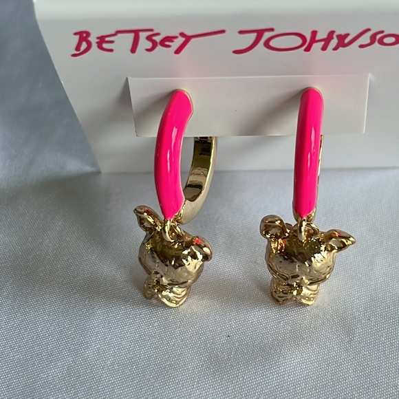 Betsey Johnson Frenchie Enamel Huggie Hoop Earrings Gold neon Pink NWT - Picture 5 of 6